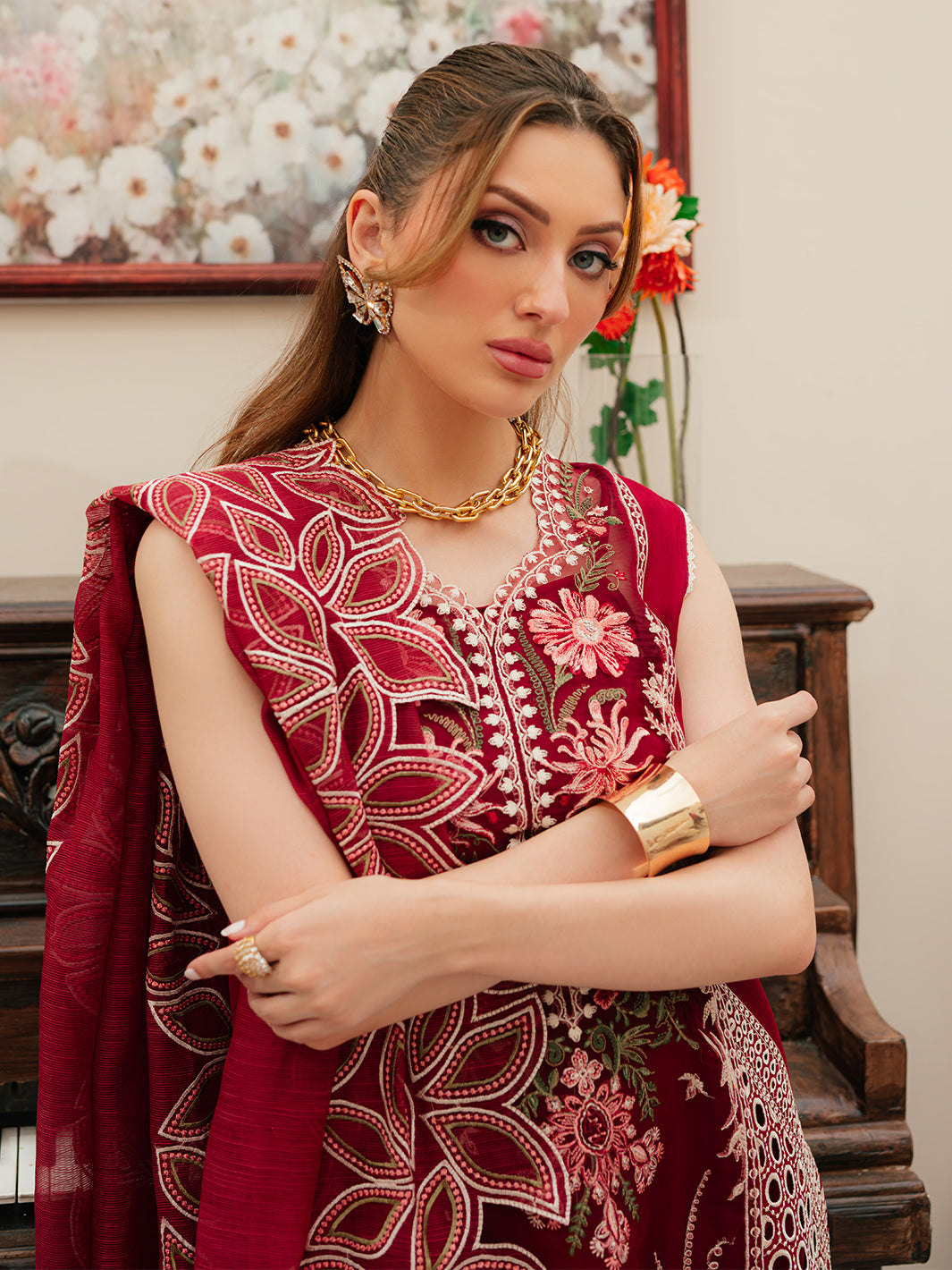 CELESTIAL BY MAHNUR | 3 PC HEAVY EMBROIDERED DHANAK WITH EMBROIDERED DHANAK SHAWL