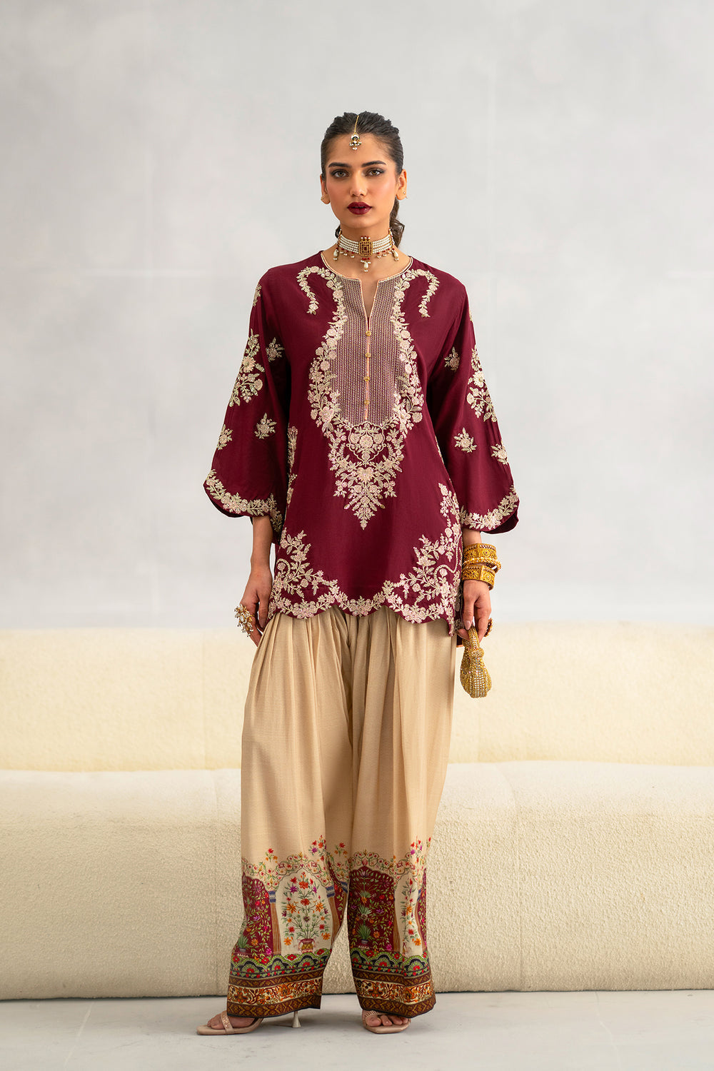 ETHNIC-2PC SILK EMBROIDERED SHIRT WITH PRINTED SILK TROUSER