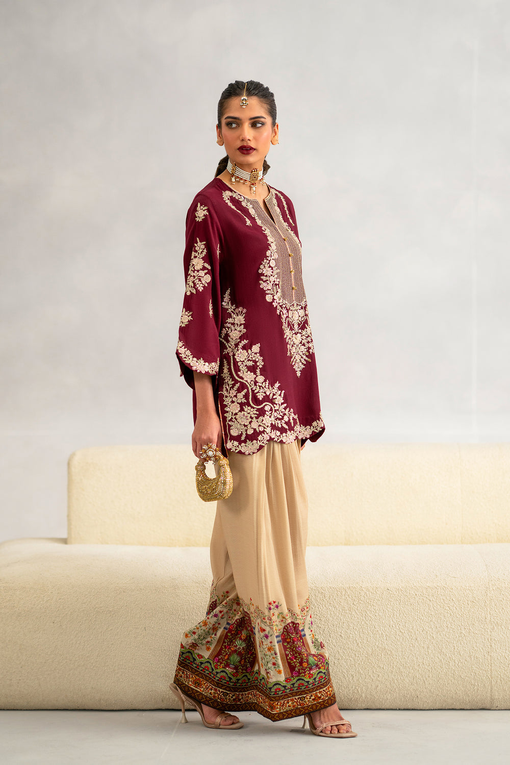ETHNIC-2PC SILK EMBROIDERED SHIRT WITH PRINTED SILK TROUSER