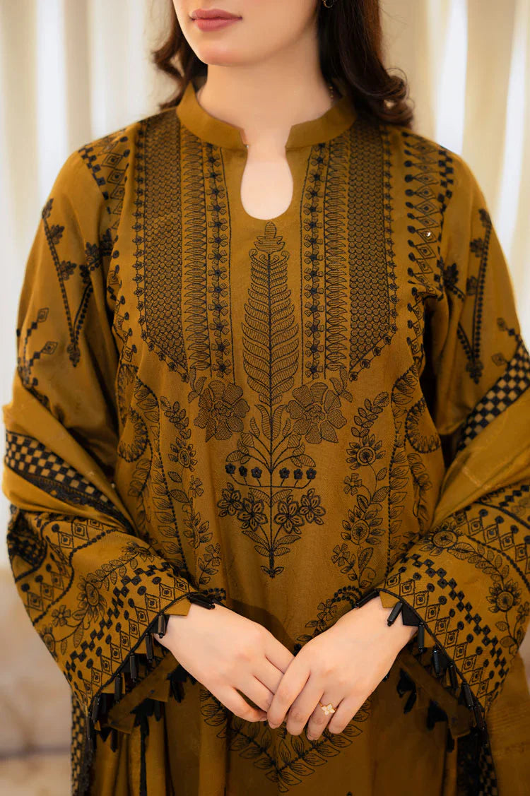 LIBAAS-3PC DHANAK EMBROIDERED SHIRT WITH DHANAK EMB SHAWL AND TROUSER-ADR-4183