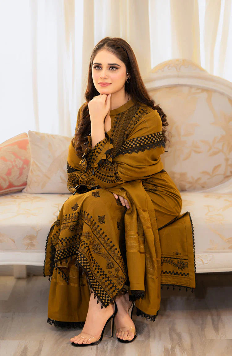 LIBAAS-3PC DHANAK EMBROIDERED SHIRT WITH DHANAK EMB SHAWL AND TROUSER-ADR-4183