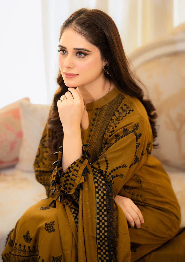 LIBAAS-3PC DHANAK EMBROIDERED SHIRT WITH DHANAK EMB SHAWL AND TROUSER-ADR-4183