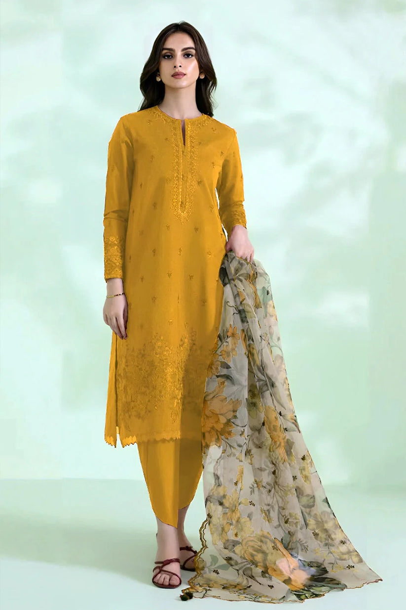 SAPPHIRE - 3PC DHANAK EMBROIDERED SHIRT WITH ORGANZA PRINTED DUPATTA & TROUSER - RB11255