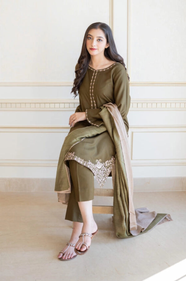 Asline Embroidered Dhanak 3-Piece Suit with Wool Shawl - Olive Green