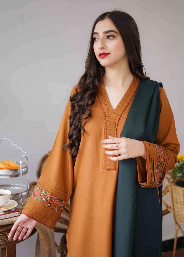 Asline Mustard & Teal 3-Piece Dhanak Embroidered Suit
