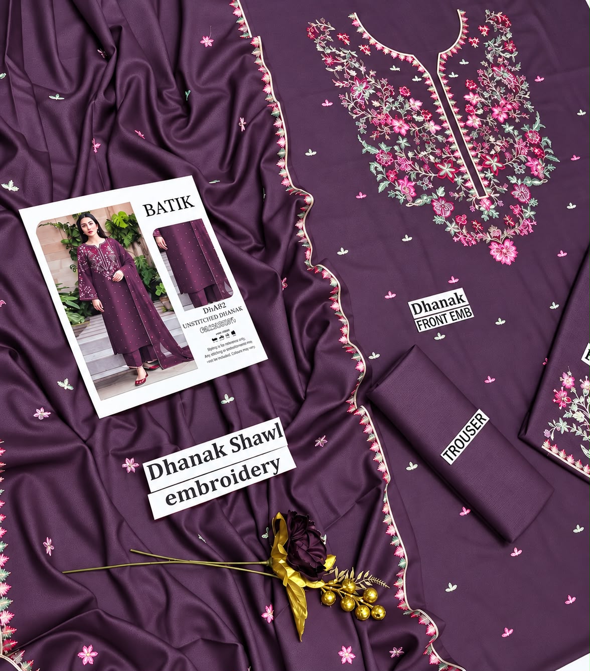 Batik Winter plum – 3PC Unstitched Dhanak Embroidered Suit