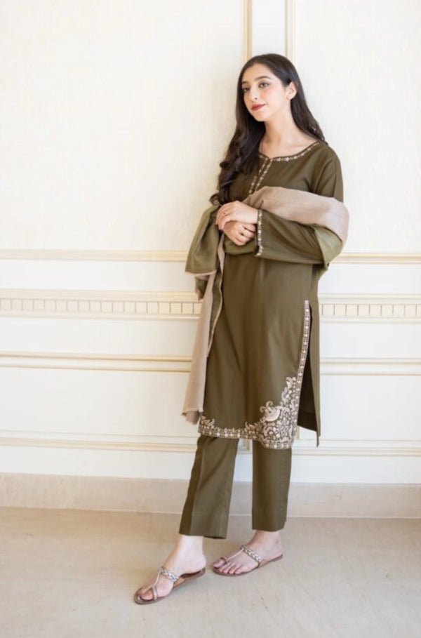 Asline Embroidered Dhanak 3-Piece Suit with Wool Shawl - Olive Green