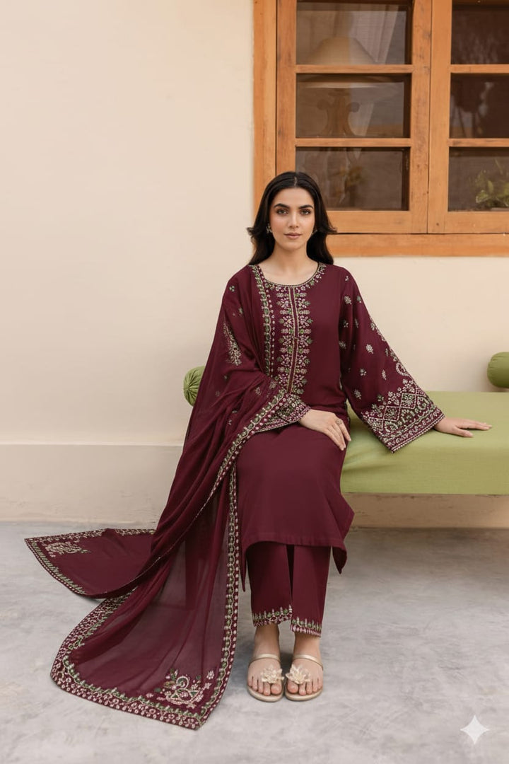 Libas - 3PC Unstitched Dhanak Embroidered Suit