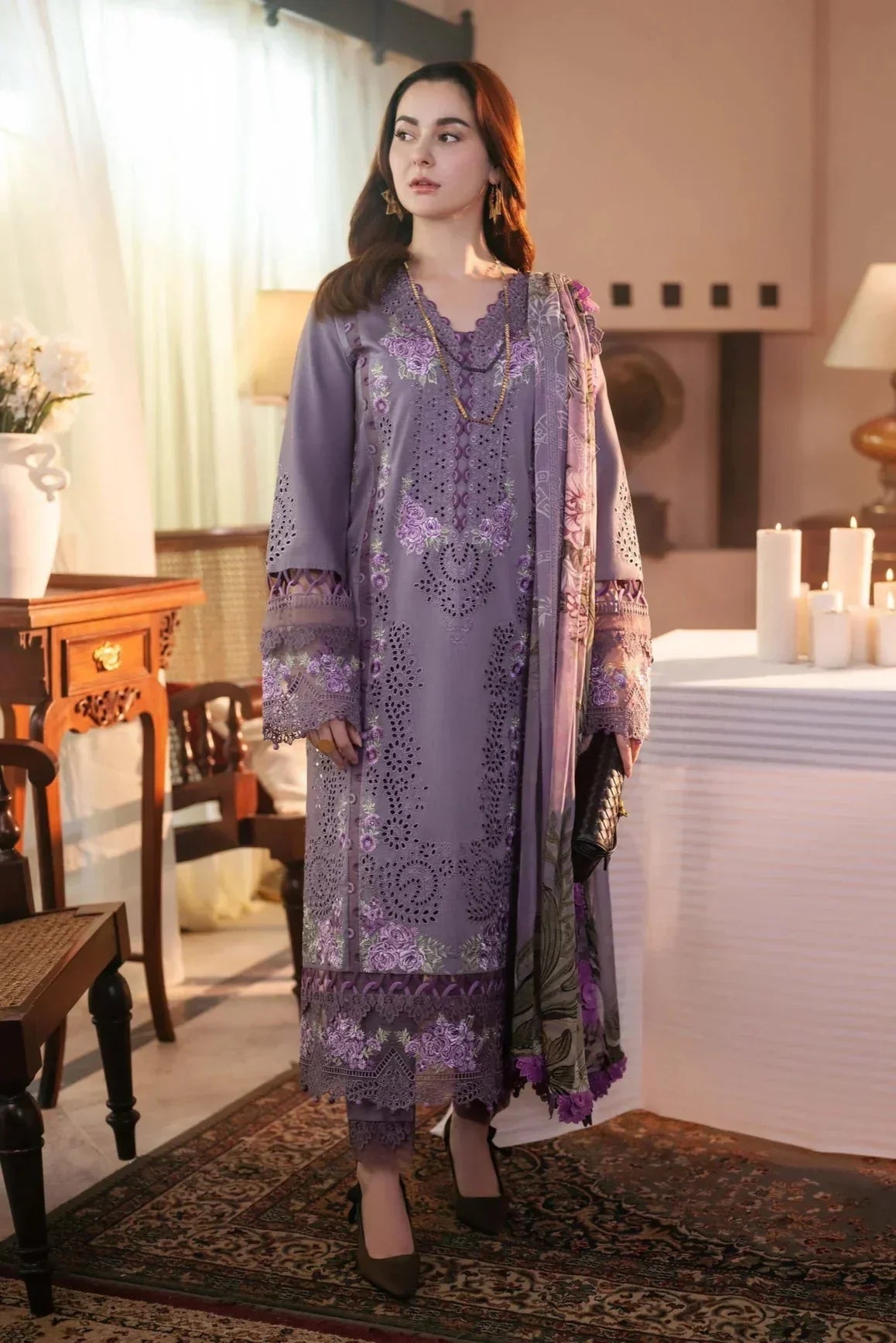 JADE - 3PC LAWN CHIKANKAARI EMBROIDERED SHIRT WITH CHIFFON PRINTED DUPATTA AND TROUSER - HZG2968
