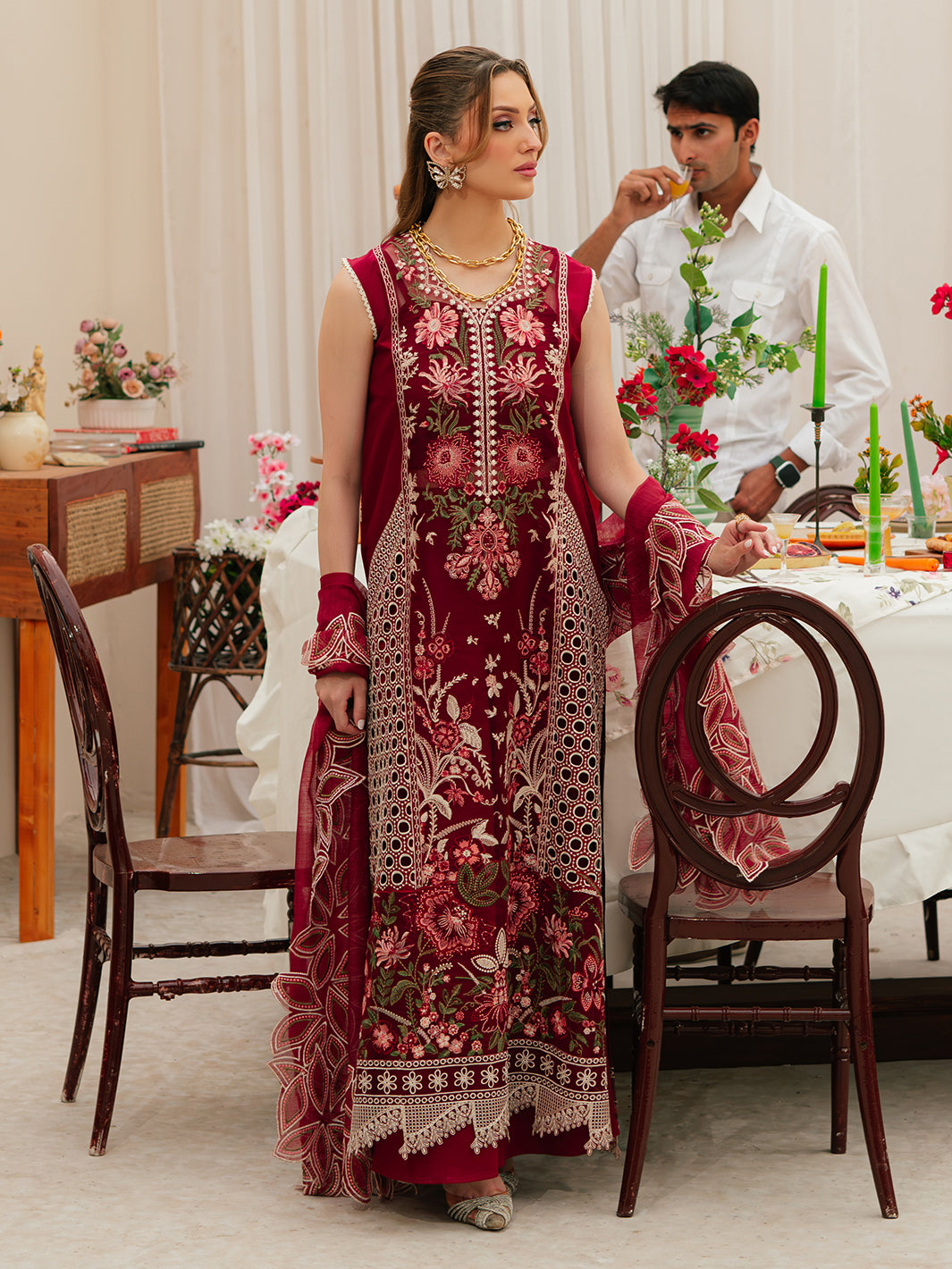 MAHNUR Celestial Maroon Heavy Embroidered Dhanak Suit with Embroidered Shawl