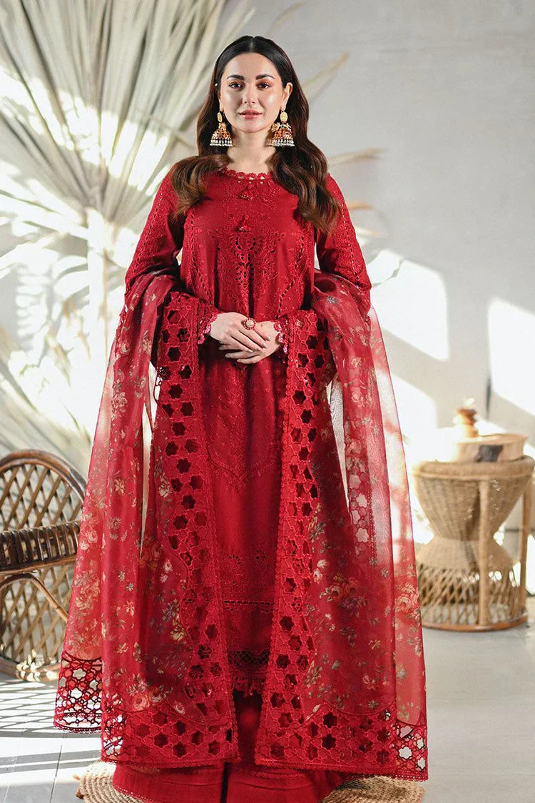 QALAMKAR - 3PC LAWN CHIKANKAARI EMBROIDERED SHIRT WITH CHIFFON PRINTED DUPATTA AND TROUSER - HZG2718