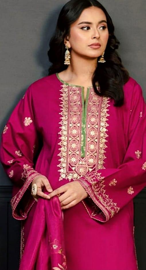 3 PC EMBROIDERED DHANAK SUIT - BG811