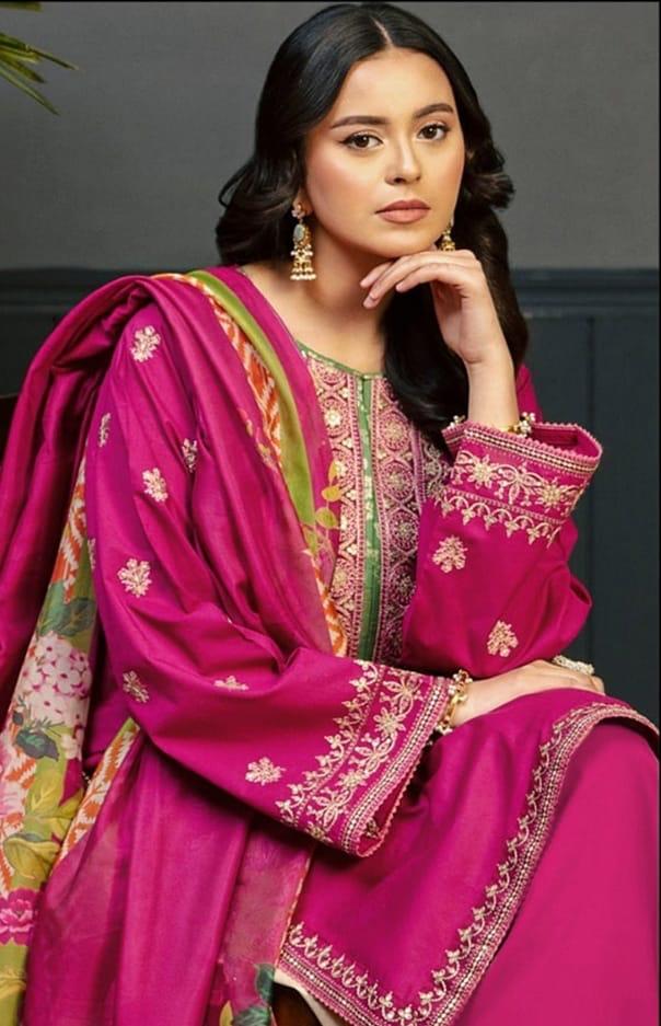 3 PC EMBROIDERED DHANAK SUIT - BG811