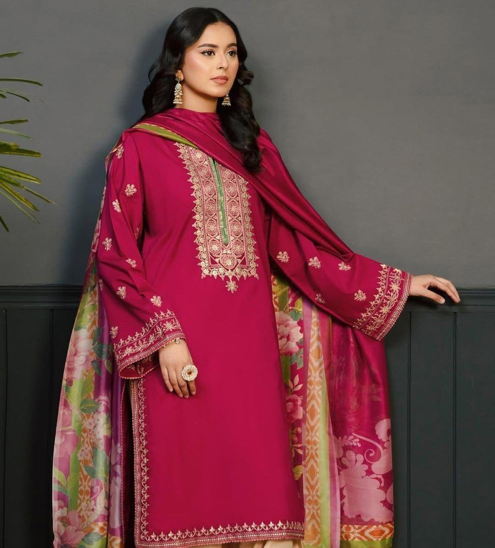 3 PC EMBROIDERED DHANAK SUIT - BG811