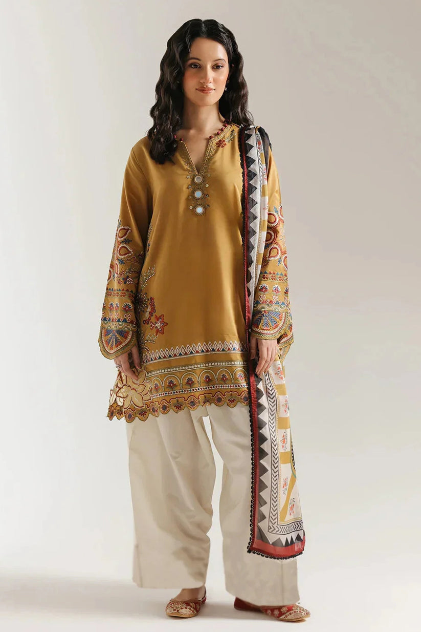MERAJORA -3PC EMBROIDERED DHANAK SHIRT WITH PRINTED SHAWL AND TROUSER - RB11233