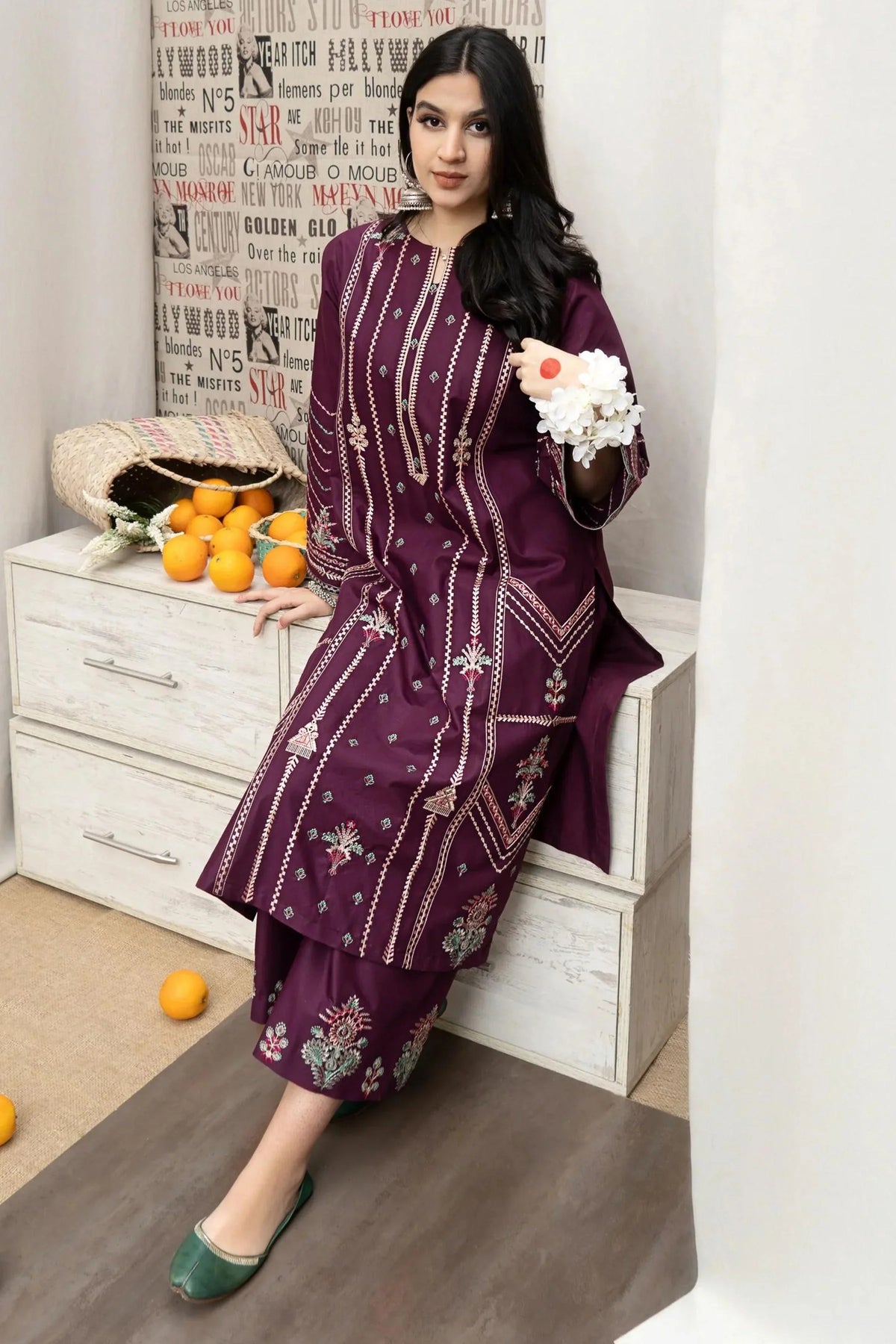 URGE - 3PC DHANAK EMBROIDERED SHIRT WITH PRINTED SHAWL AND EMBROIDERED TROUSER - RB11243