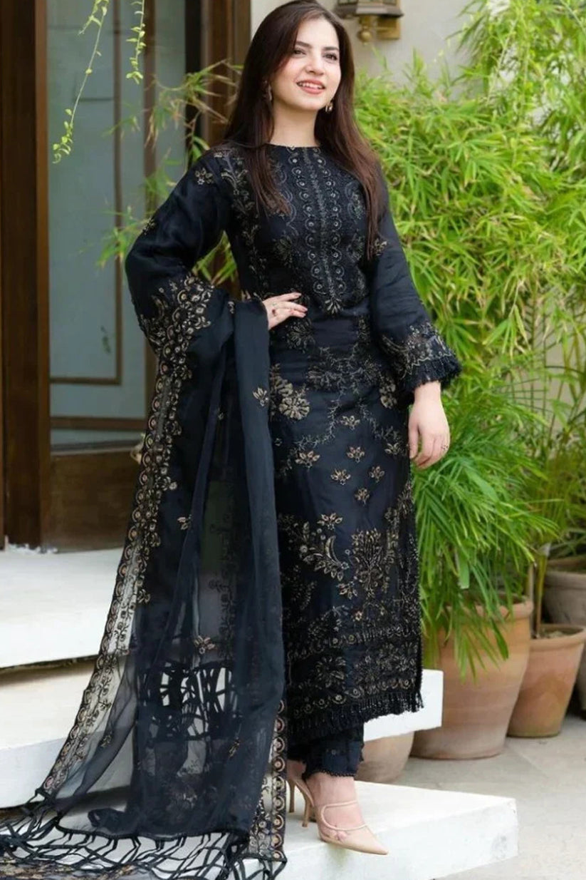 DANANEER - 3PC DHANAK EMBROIDERED SHIRT WITH ORGANZA EMBROIDERED DUPATTA AND TROUSER - RB11257