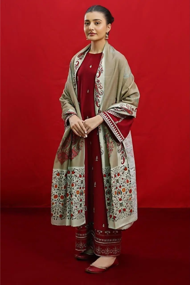 Grace W597-Embroidered 3pc khaddar dress With Printed shawl.