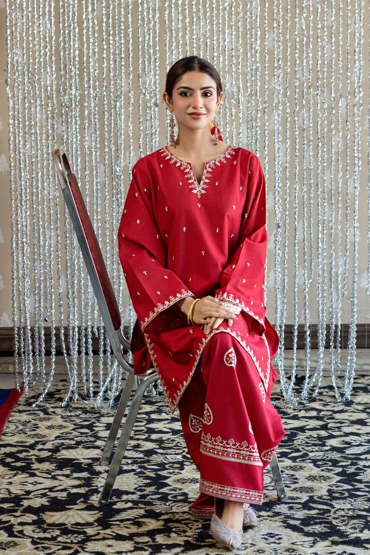 Red Rose 2 Piece - Unstitched Dhanak Embroidered Suit