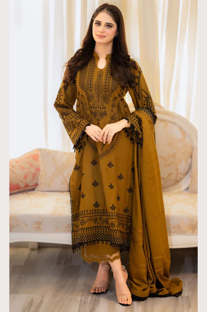 LIBAAS-3PC DHANAK EMBROIDERED SHIRT WITH DHANAK EMB SHAWL AND TROUSER-ADR-4183