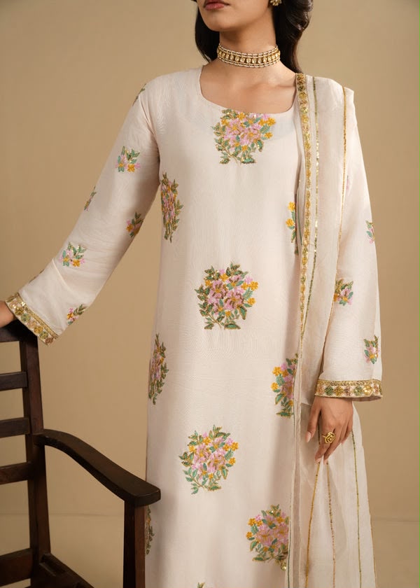 LAAM-3PC DHANAK EMBROIDERED SHIRT WITH DHANAK EMBROIDERED SHAWL AND TROUSER
