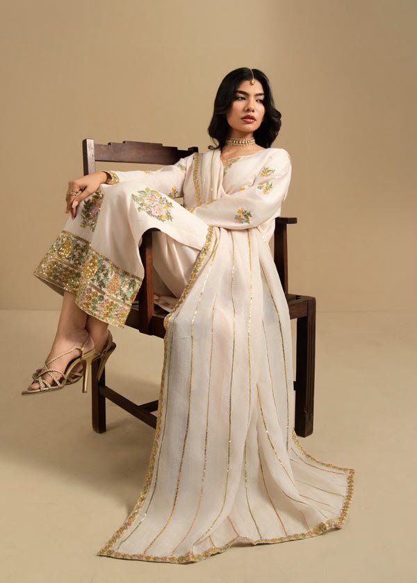 LAAM-3PC DHANAK EMBROIDERED SHIRT WITH DHANAK EMBROIDERED SHAWL AND TROUSER