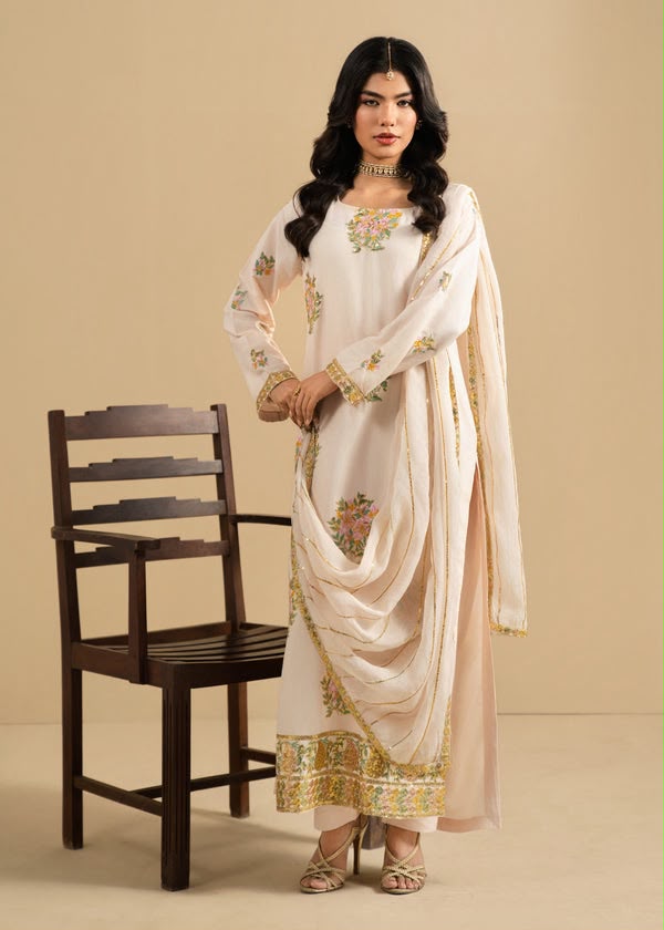 LAAM-3PC DHANAK EMBROIDERED SHIRT WITH DHANAK EMBROIDERED SHAWL AND TROUSER