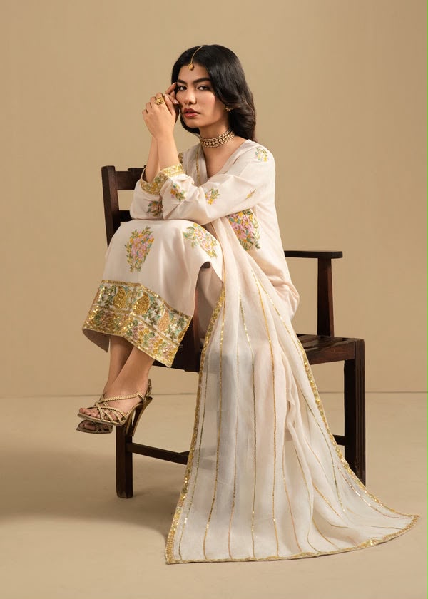 LAAM-3PC DHANAK EMBROIDERED SHIRT WITH DHANAK EMBROIDERED SHAWL AND TROUSER