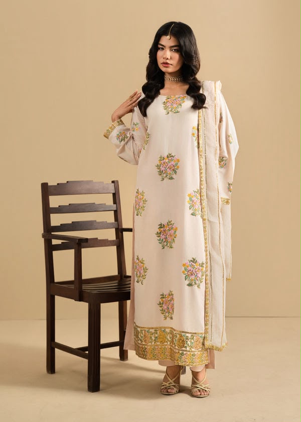 LAAM-3PC DHANAK EMBROIDERED SHIRT WITH DHANAK EMBROIDERED SHAWL AND TROUSER