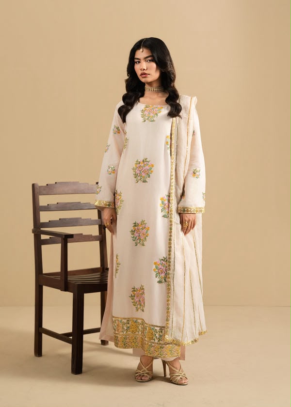 LAAM-3PC DHANAK EMBROIDERED SHIRT WITH DHANAK EMBROIDERED SHAWL AND TROUSER