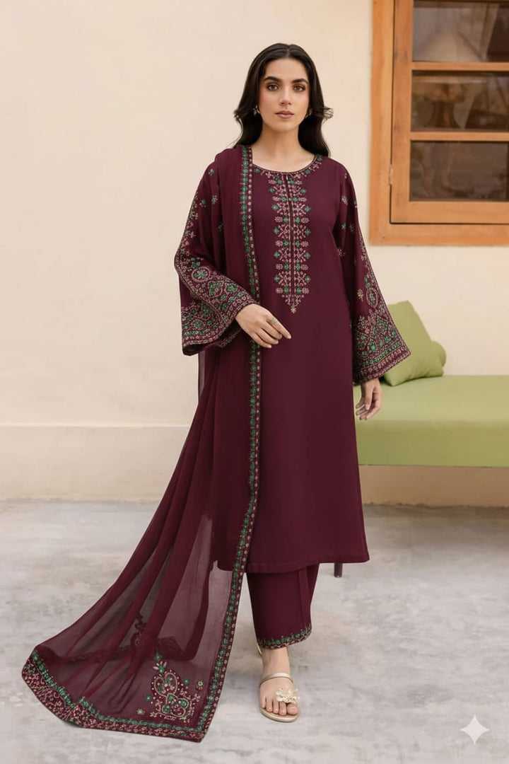 Libas - 3PC Unstitched Dhanak Embroidered Suit