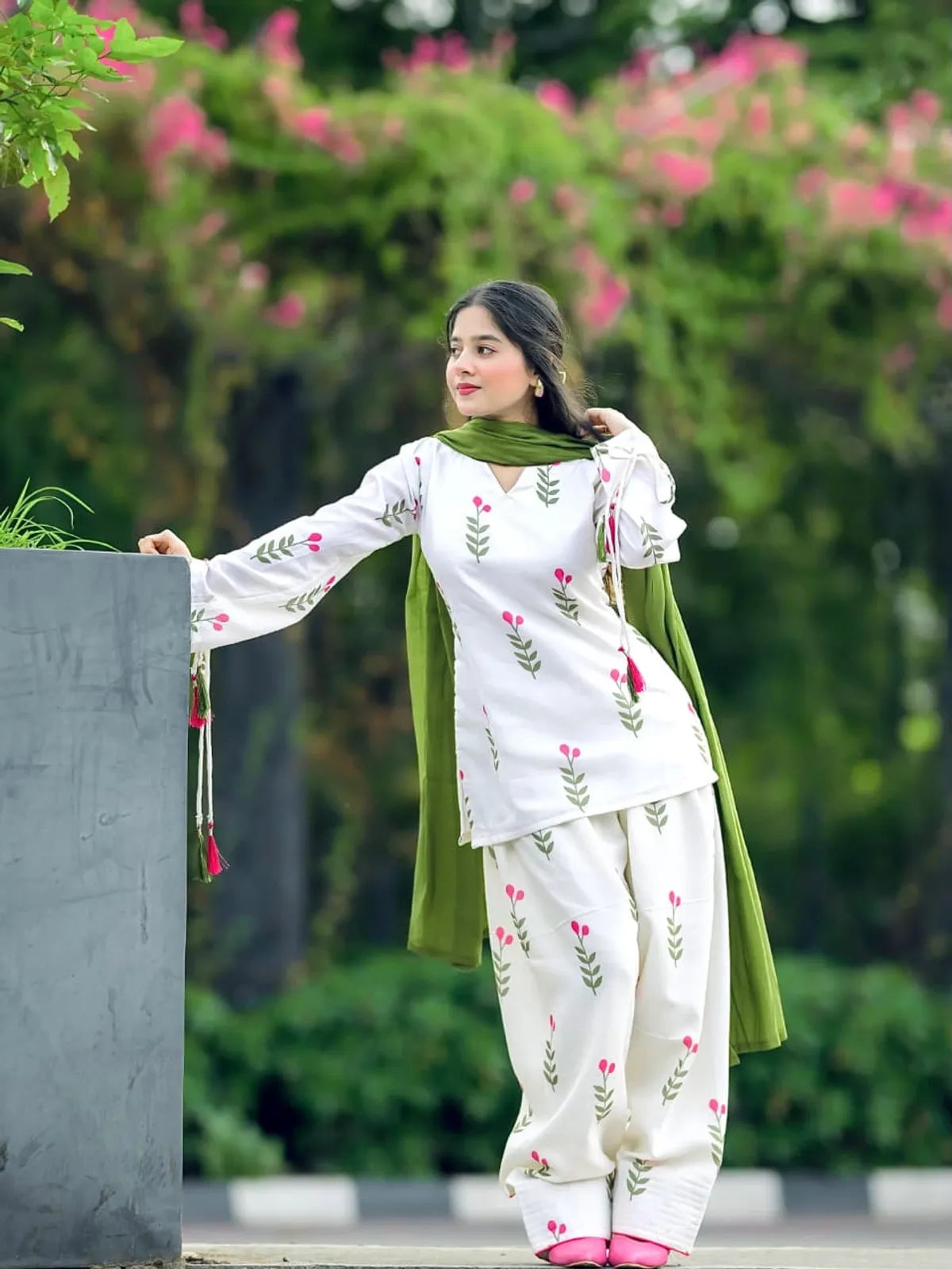 White Embroidered Floral Dhanak 3 Piece Unstitched Suit with Green Dupatta - LAAM Winter Collection
