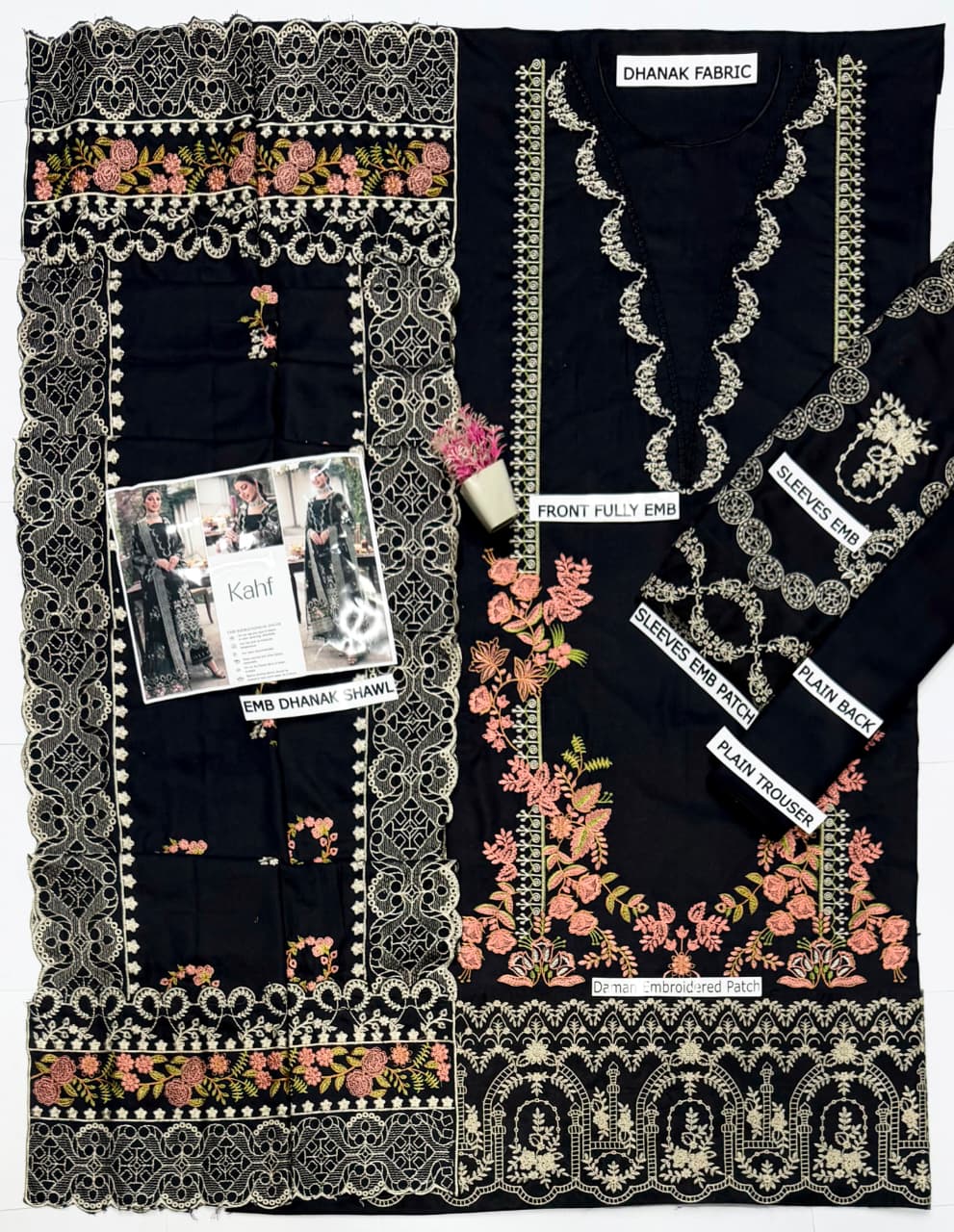 KAHF - Dhanak 3-Piece Unstitched Embroidered Suit
