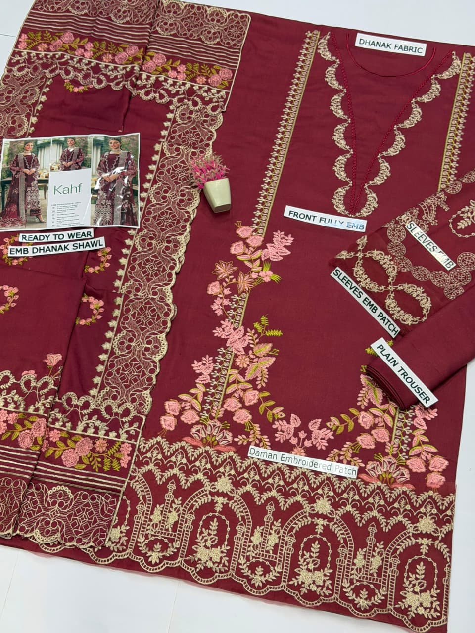 KAHF - Dhanak 3-Piece Unstitched Embroidered Suit
