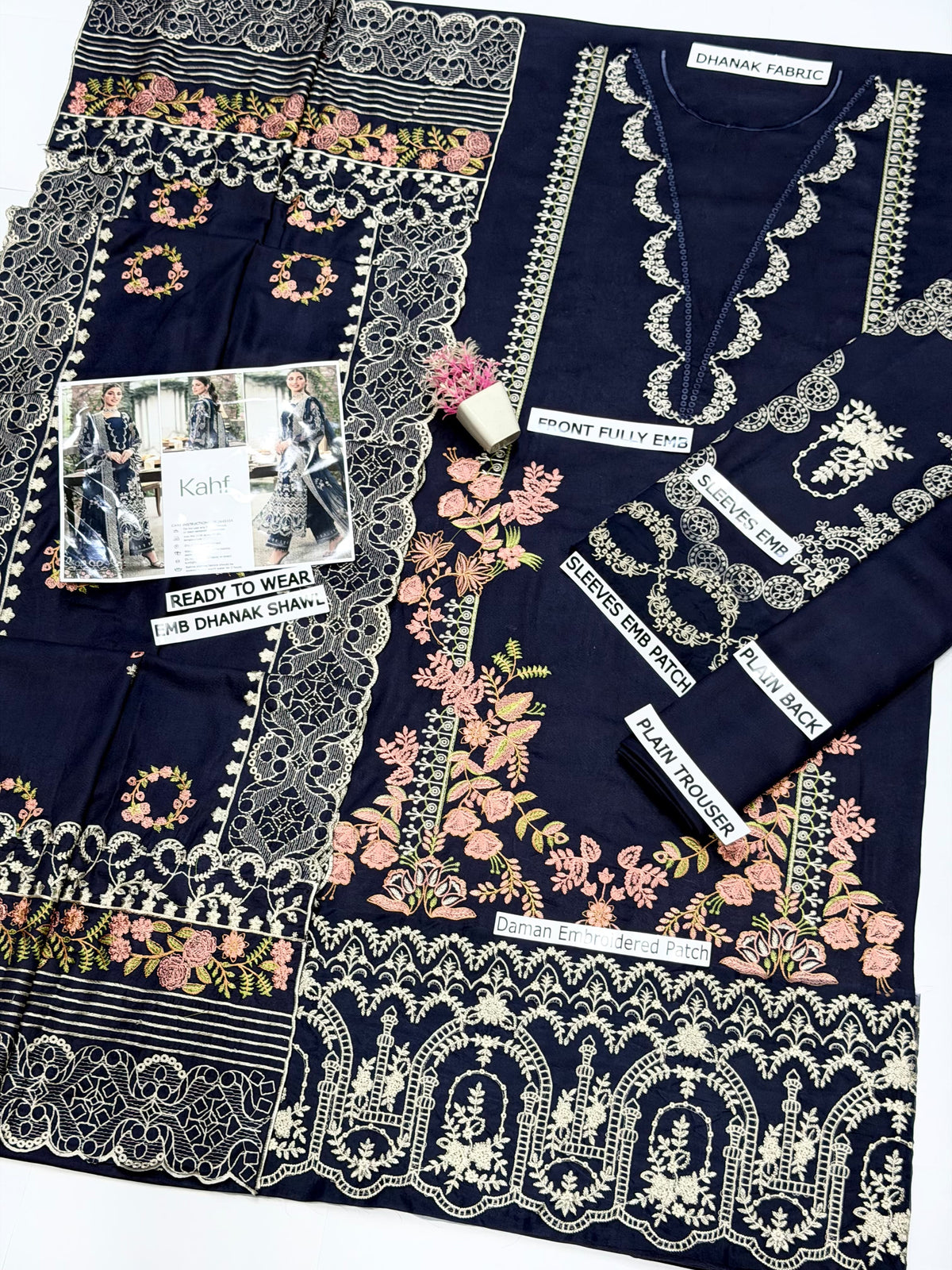 KAHF - Dhanak 3-Piece Unstitched Embroidered Suit