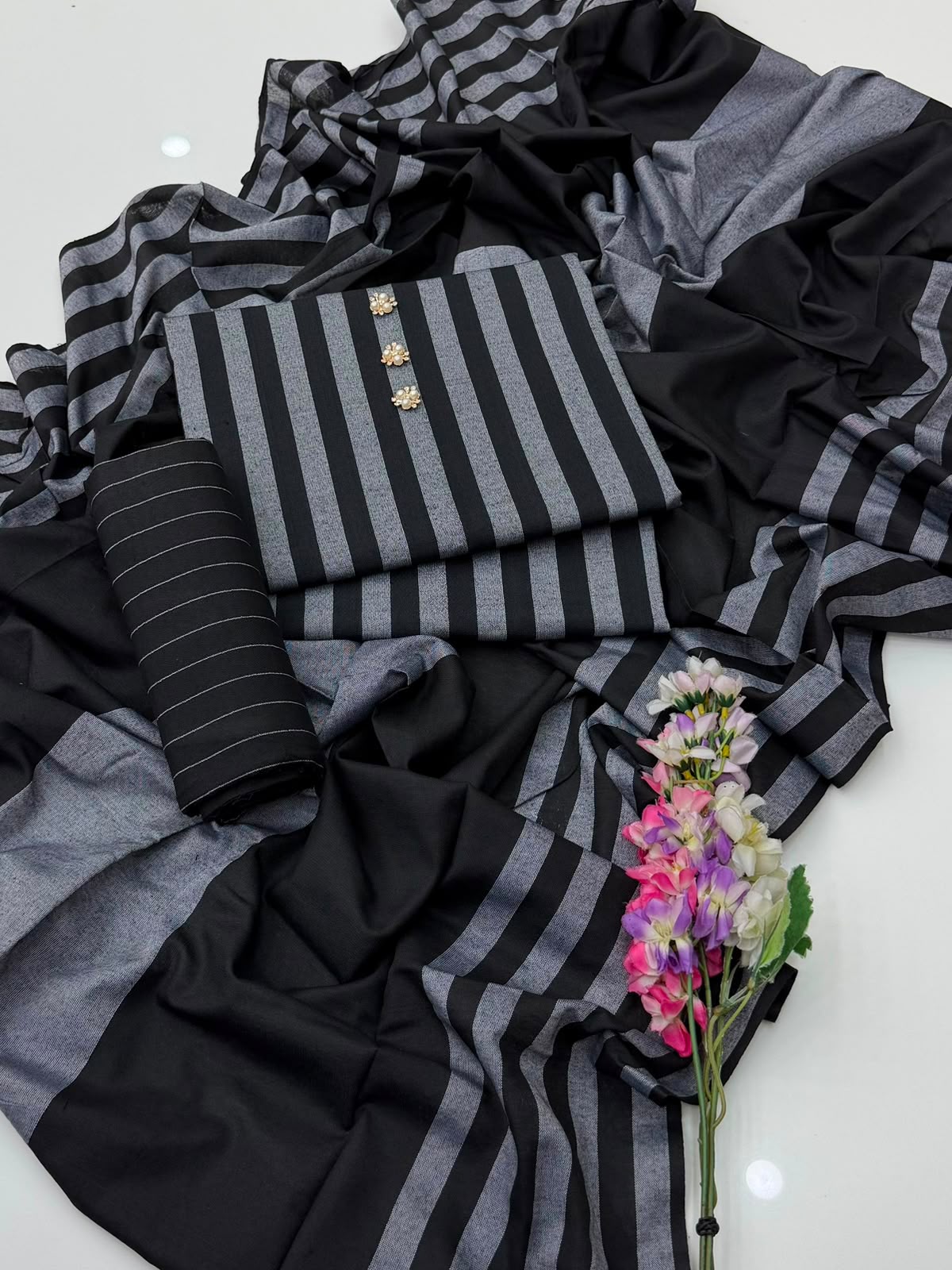 Khaadi Multani Susi 3 Piece Unstitched Suit – Black & Grey
