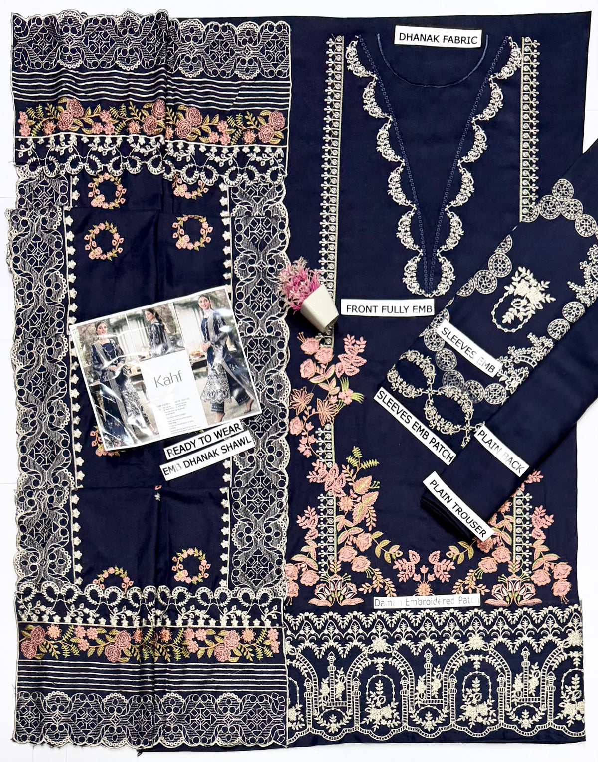 KAHF - Dhanak 3-Piece Unstitched Embroidered Suit