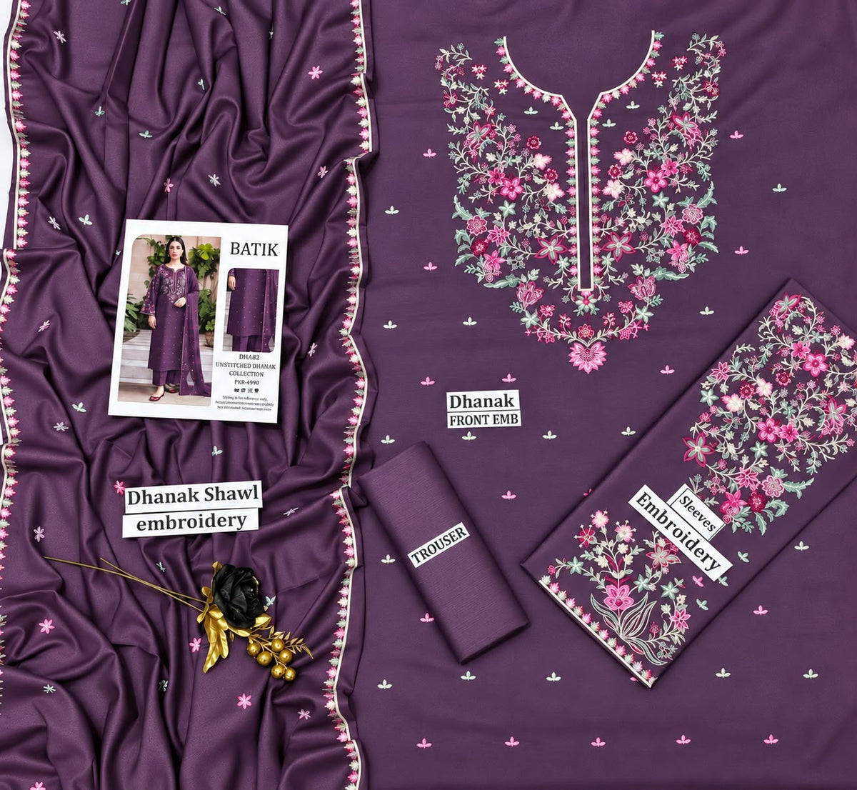 Batik Winter plum – 3PC Unstitched Dhanak Embroidered Suit