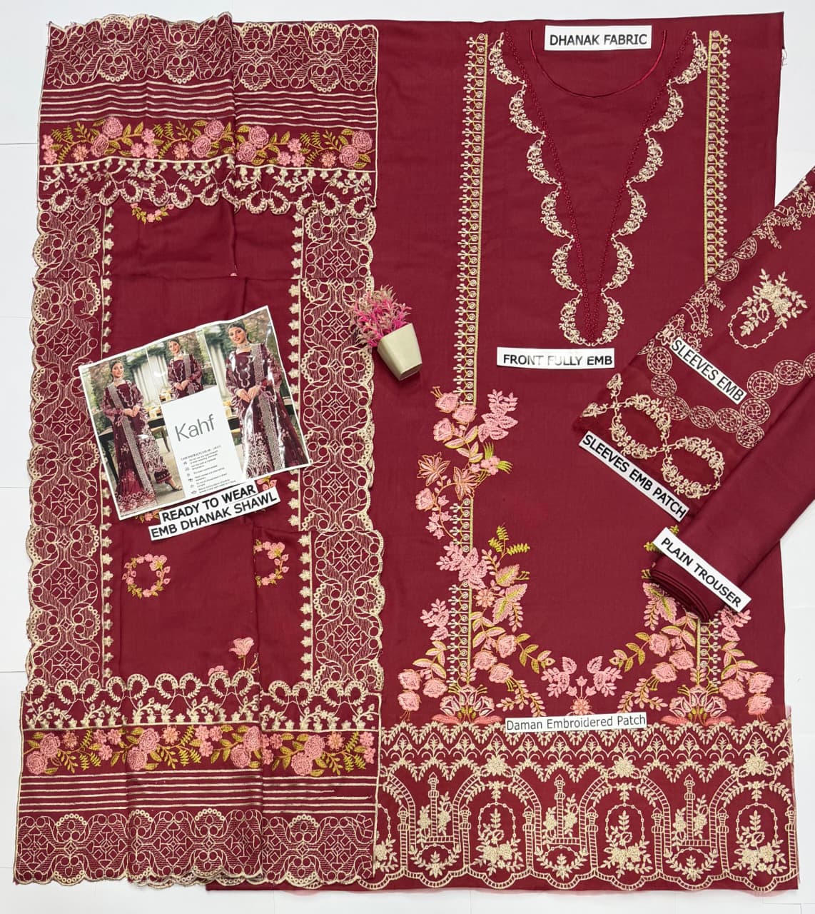 KAHF - Dhanak 3-Piece Unstitched Embroidered Suit