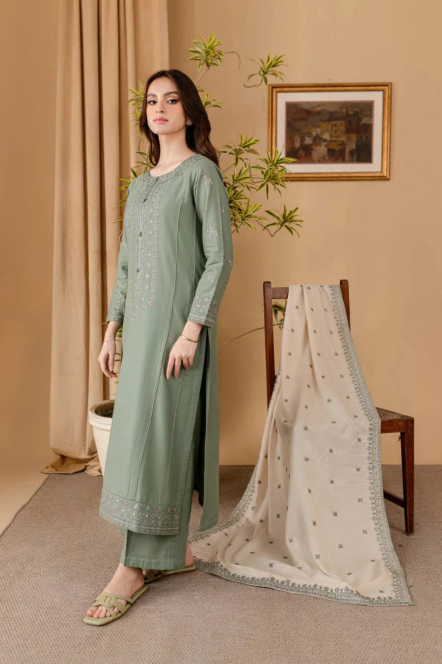 Sapphire 3-Piece Embroidered Suit with Dhanak Shawl
