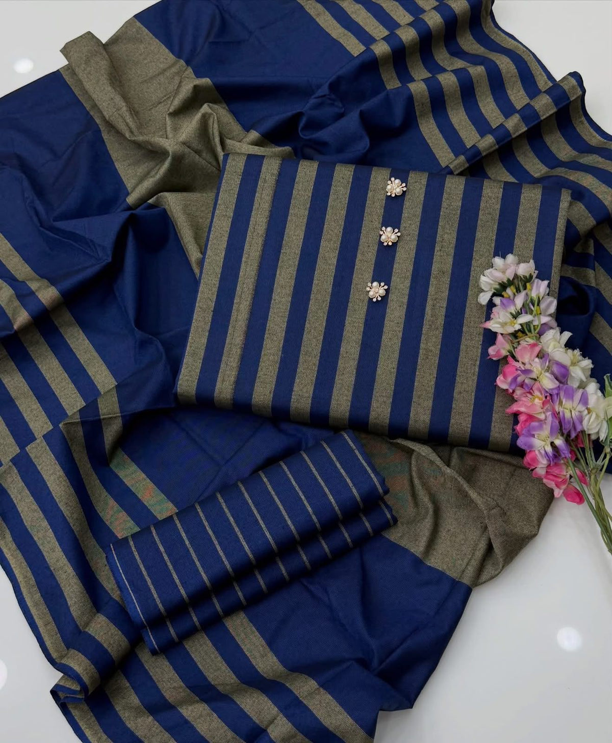 Khaadi Multani Susi 3 Piece Unstitched Suit – Blue & gray
