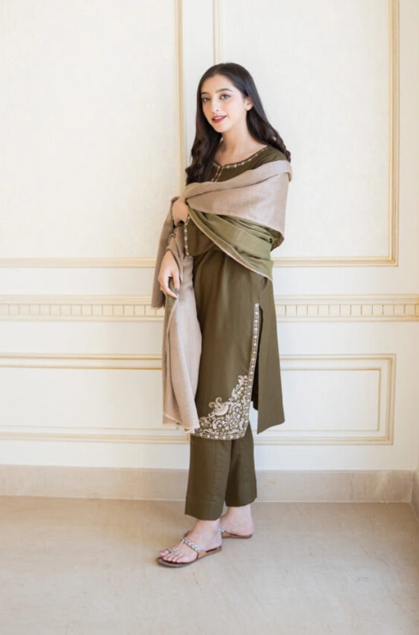 Asline Embroidered Dhanak 3-Piece Suit with Wool Shawl - Olive Green
