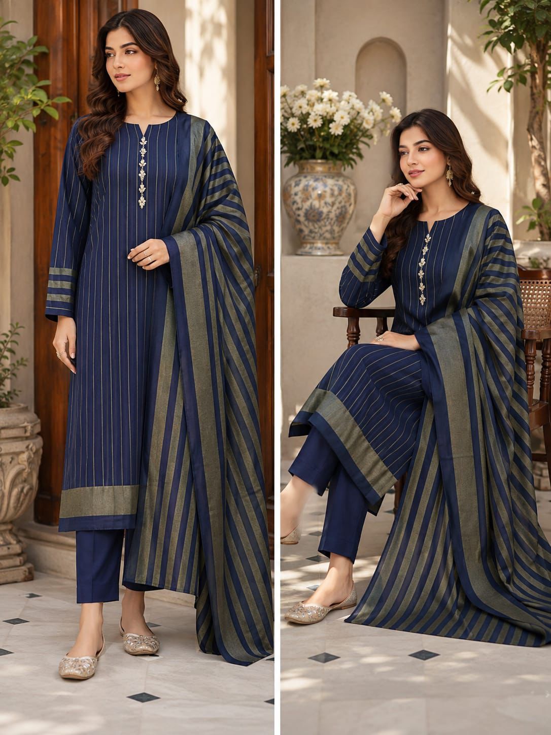 Khaadi Multani Susi 3 Piece Unstitched Suit – Blue & gray