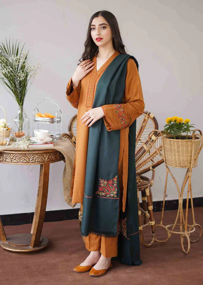 Asline Mustard & Teal 3-Piece Dhanak Embroidered Suit