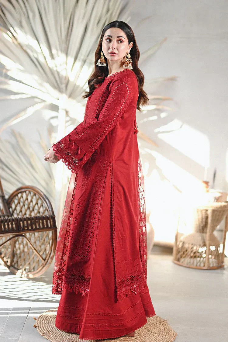 QALAMKAR - 3PC LAWN CHIKANKAARI EMBROIDERED SHIRT WITH CHIFFON PRINTED DUPATTA AND TROUSER - HZG2718