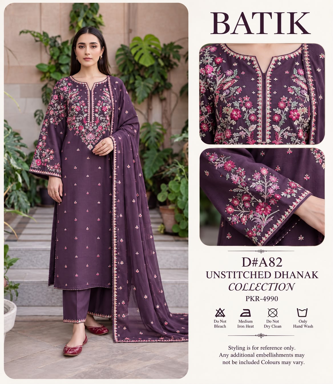 Batik Winter plum – 3PC Unstitched Dhanak Embroidered Suit