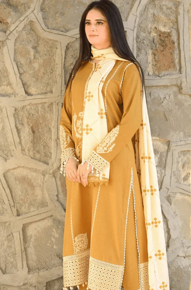 MARIA.B - 3PC Dhanak Embroidered Shirt with Dhanak Embroidered Dupatta and Trouser- BFB0455