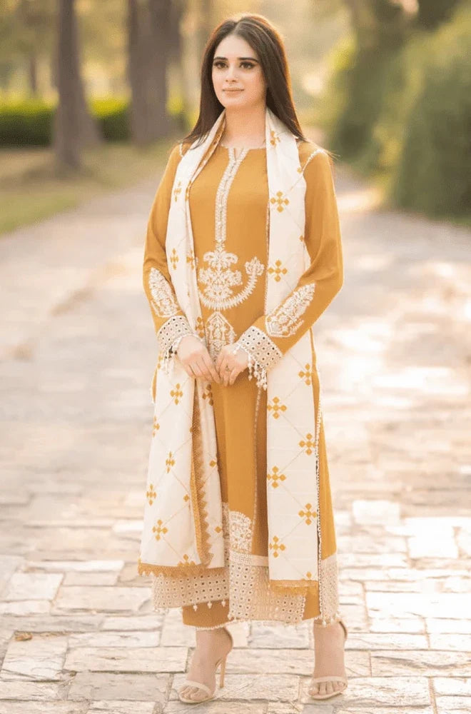 MARIA.B - 3PC Dhanak Embroidered Shirt with Dhanak Embroidered Dupatta and Trouser- BFB0455