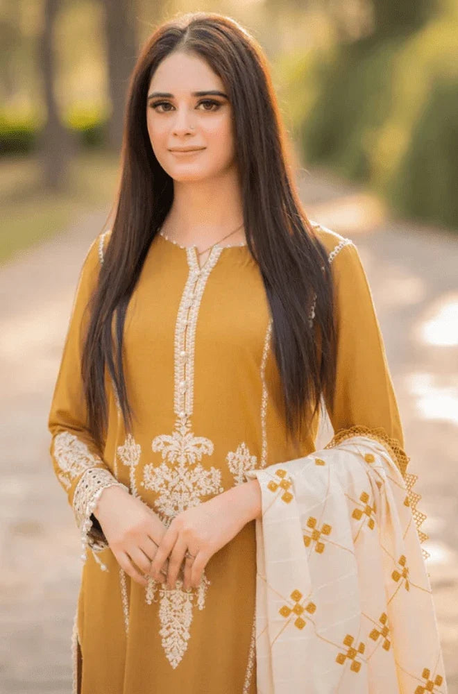 MARIA.B - 3PC Dhanak Embroidered Shirt with Dhanak Embroidered Dupatta and Trouser- BFB0455