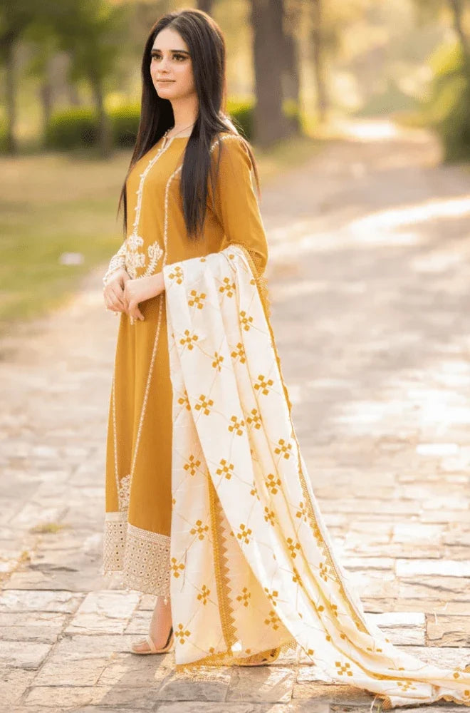 MARIA.B - 3PC Dhanak Embroidered Shirt with Dhanak Embroidered Dupatta and Trouser- BFB0455
